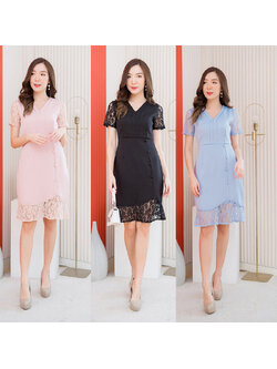 kudapy เดรสสั้นสีฟ้า/สีชมพู/สีดำ คอวีแขนลูกไม้สวยดูดีใส่สบายมากๆ