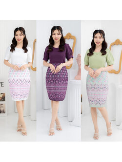 kudapy เดรสสั้นสีขาว/สีม่วง/สีเขียว ผ้าพิมพ์ลายไทย ผ้าเรียบช่วงบนใส่ไปทำงาน แต่งกระดุมกลางอก งานซิปหลัง