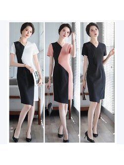 kudapy เดรสแขนสั้นสีขาวดำทาง สีชมพูดำทาง สีดำดำทางทูโทน ลายทาง ผ้าไม่บาง และไม่หนาเกินไป เหมาะสำหรับใส่ทำงาน