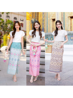 kudapy เซ็ตเสื้อแขนกลีบบัว+กระโปรงลายไทยสีครีม