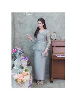 kudapy เซทแยกชิ้น เสื้อลูกไม้+กระโปรงยาว สีเทา เสื้อลูกไม้แขนสี่ส่วน มีซับในในตัว ซิบซ่อนด้านหลัง