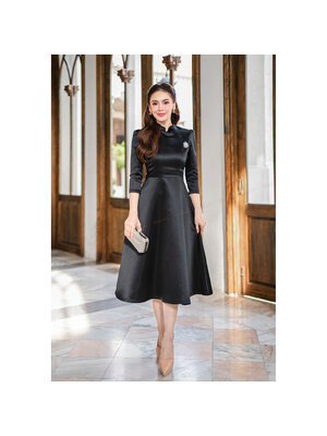 kudapy เดรสผ้าไหมญี่ปุ่น แขนสามส่วน คอปีน มาพร้อมซิปหลังและซับในกระโปรงทรงเจ้าหญิง