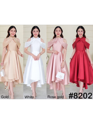 kudapy เดรสหน้าสั้นหลังยาวสีทอง/สีขาว/สีโรสโกล/สีแดง คอจีนสุดชิค ดีเทลป้ายไขว้พรางต้นแขน ซิปหลัง กระดุมหลังคอ กระโปรงทรงหน้าสั้นหลังยาว