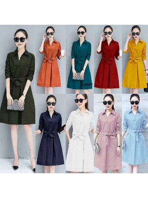 kudapy เดรสสั้นผ้าซาร่าสีพื้นปกเชิ้ต แขนศอก เอวไม่สมม๊อค มีเชือกผูกโบว์เข้ารูปสวยงาน