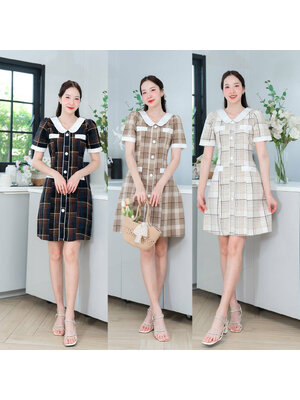 kudapy เดรสสั้นสีกรม สีน้ำตาล สีขาว แขนตุ๊กตาทูโทนแต่งกระดุม