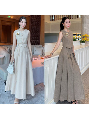 kudapy เซ็ท 4 ชิ้น เสื้อ Vest+กระโปรงยาว+เข็มขัดโซ่+เข็มกลัดดอกไม้ เสื้อกับกระโปรงเราใช้ผ้าเดียวกันทั้งชุด เนื้อผ้ามีน้ำหนัก ทิ้งตัวดี ย