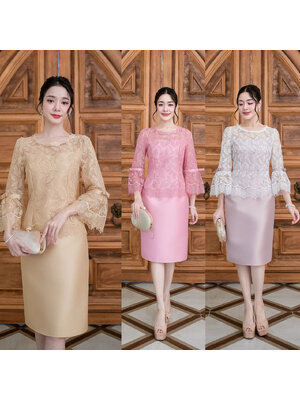 kudapy เดรสสั้นสีทูโทน(ชมพูอ่อน/ขาว)/สีชมพู/สีเหลืองทอง ผ้าไหมแขนยาวระบาย เป็นงานผ้าตาข่ายปักลาย ลายเรียบหรูลายใบไม้เรียงรายสวยงาม