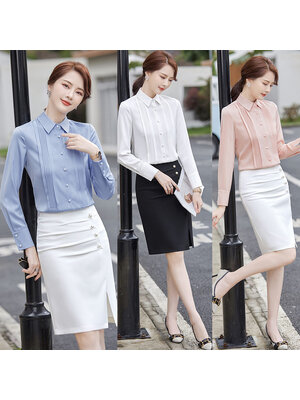 kudapy เสื้อเชิ้ตทำงานผู้หญิงสีขาว/สีชมพู/สีฟ้า คอปกแต่งจีบแขนยาว (เฉพาะเสื้อ)