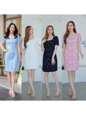 kudapy เดรสสั้นสีเหลือง/สีฟ้า/สีชมพู/สีขาว/สีดำ ลายดอกแขนตุ๊กตา ใส่สบายสวยดูดี