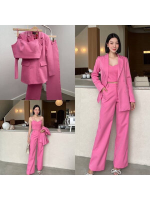 kudapy เซทเสื้อสูท+กางเกง+ครอปสั้นมีฟองน้ำในตัว ตัวเสื้อให้ยาวคลุมสะโพก ทำให้ดูผอม ทรงโอเวอร์ไซส์ กางเกงทรงกระบอกใหญ่ ซิปตะขอหน้า