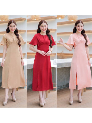 kudapy เดรสยาวสีน้ำตาล/สีแดงไวน์/สีชมพูโอรส แขนกระดิ่ง เอวสูงจีบโค้งใต้อก เป็นผ้าซาตินเนื้อหนา