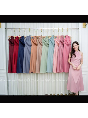 kudapy ชุดเดรสยาวคลุมเข่า คอตั้งกระดุมหลัง ใส่ออกงาน เดรสทรงบาน แขนกุด ชุดยาว 45 นิ้ว S M L XL 2XL