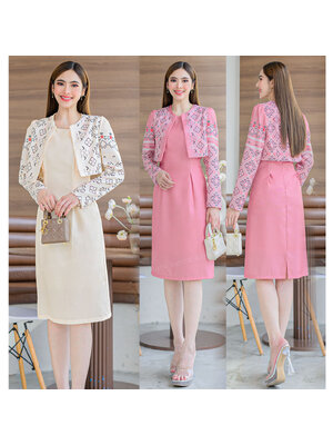 kudapy เดรสสั้นสีชมพู/สีครีม 2 ชิ้นผ้าโพลีแบบทอ เสื้อสูทงานพิมพ์ลายไทย กระโปรงทรงเอ ผ่าหลัง ทรงสวยมาก