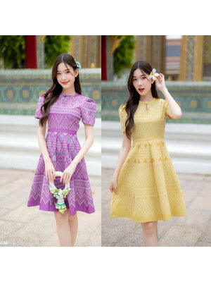 kudapy เดรสสั้นสีเหลือง/สีม่วง ผ้าไทยคอหยดน้ำกระโปรงบาน