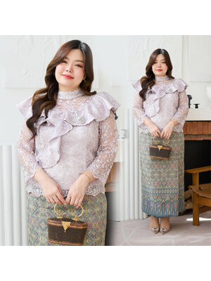 kudapy ชุดเซ็ทออกงานสีเทา +ผ้าถุงทอลายแพรวากาฬสินธุ์ คอจีน แขนยาว แต่งระบายไหล่