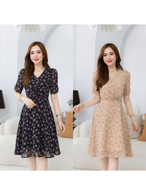 kudapy เดรสสั้นสีดำ/สีชมพูนู้ด ผ้าชีฟอง ดีเทลช่วงแขนเย็บจั้มสวยมีเลเยอร์ ช่วงเอวตีเกล็ด