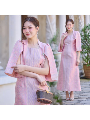 kudapy ชุดออกงานผ้าไหม ชุดเดรส นางพญาลายแพรวา ชุดออกงาน ทำงาน ปาตี้ งานเลี้ยง สีชมพู