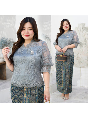 kudapy เซ็ท เสื้อลูกไม้ใยบวบสีม่วง+ผ้าถุงผ้าฝ้ายทอลายบุพเพสันนิวาสสำเร็จรูปอัดกาวอย่างดี