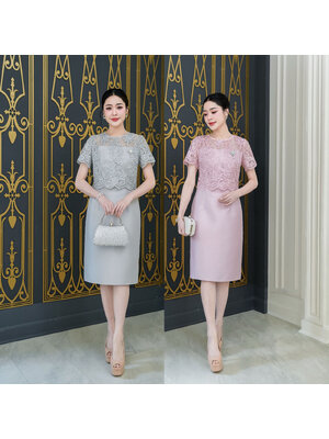 kudapy เดรสผ้าไหม ดีไซน์เย็บคลุมลูกไม้ครึ่งตัว ผ้าลูกไม้ซีทรูผ้าเกรดพรีเมี่ยมลายสวย ผ้าทอลายสวยมีเลื่อมวิบวับเบาๆ