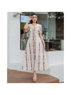 kudapy เดรสสีขาวครีม เดรสลูกไม้งานปักดอกไม้ น่ารักลุคคุณหนู มีซับใน ซิบหลัง