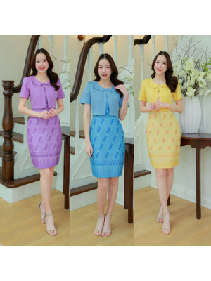 kudapy เดรสสั้นสีเหลือง/สีฟ้า/สีม่วง เสื้อคอปกพิมพ์ลายไทย ใส่สบายสวยดูดี