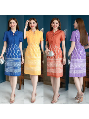 kudapy เดรสสั้นสีสกรม /สีม่วง /สีมัสตาร์ด /สีส้ม งานผ้าโพสลีแบบทอแต่งกั๊กพิมพ์ลายขอ มีซับในและชิปหลังใส่สบาย