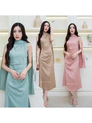 kudapy เดรสยาวแขนกุด มาพร้อมผ้าคลุมไหล่สวยเก๋ ชุดไปงานแต่งงาน ชุดออกงาน ชุดเพื่อนเจ้าสาว ผ้าเครปซาติน