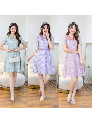 kudapy เดรสสั้นสีชมพู/สีม่วง/สีเขียว คอปกทรงบานลายดอก ใส่สบายสวยดูดี