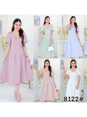 kudapy เดรสสั้นสีขาว,ชมพูเข้ม,ครีมนู๊ด,ฟ้าอมเทา,มิ้น คอเหลี่ยม แขนตุ๊กตา ช่วงอกแต่งโบว์ ตติ้ง เอวสูง ตีเกร็ดเอว กระโปรงบาน เย็บยากแต่ออกมาเน้นเอว