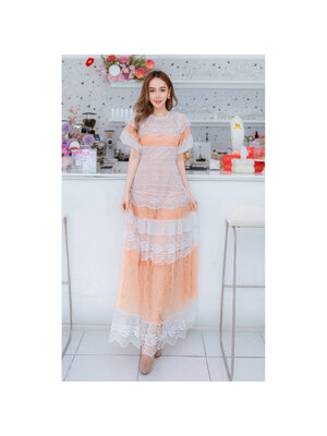 kudapy เดรสยาวสีส้ม อลัง งานดาราเซเล็ป ดีเทลตัดแต่งลูกไม้