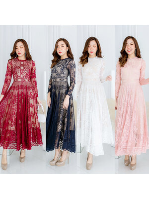 kudapy เดรสยาวสีชมพู/สีขาว/สีกรม/สีแดง แขนยาวผ้าลูกไม้สวยดูดีใส่สบายน่ารักมากๆ