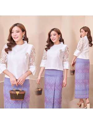 kudapy เซ็ทเสื้อสีขาว ผ้าไหมแต่งแขนลายลูกไม้มีเชื่่อผูกตรงแขน +ผ้าถุงสีม่วง ผ้าไหมแพรวากาฬสินธุ์ตัดสำเร็จ