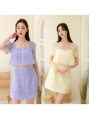 kudapy ชุด Set เสื้อ Crop กระโปรงสั้นสไตล์เกาหลีเกาใจ ดีเทลงานผ้าปักแขนระบายงานซิปหลัง
