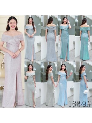 kudapy เดรสยาวสีชมพู,ฟ้า,เทา,ทอง,เขียวมิ้น ทรงไขว้อกแถบใหญ่ ตีเกร็ดโอบบ่า กระโปรงหางปลา ผ่าหน้า ทำให้ขายาวเพรียว ซิปหลัง