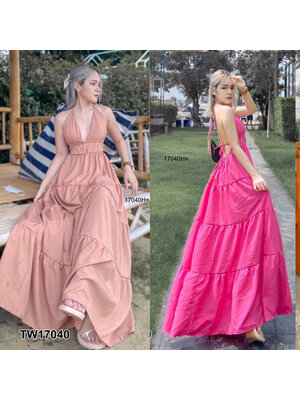 kudapy แม็กซี่เดรสสีบานเย็น น้ำตาล สายเดี่ยวผูกคอยาว เนื้อผ้าไหมอิตาลี่ มีเชือกผูกหลัง อกเสริมฟองน้ำ ใส่ไปเที่ยว