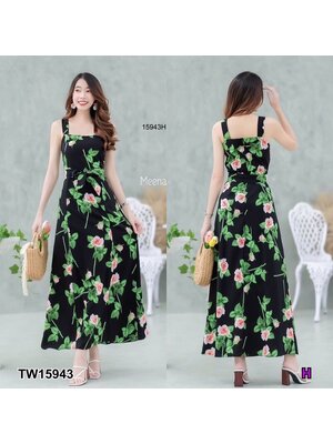 kudapy แม็กซี่เดรสยาว สายเดี่ยวแขนกุดผ้าไหมอิตาลี่ พิมลายดอกกุหลาบ มีซิปหลัง + สายผูก