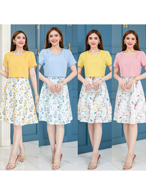 kudapy เดรสผ้าโพลีเอสเตอร์ กั๊กแต่งกระดุม กระโปรงทรงเอลายดอกไม้ ทรงสวยมากๆ มีซิปซ่อนหลังและซับใน