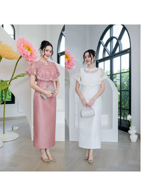 kudapy เดรสยาวลูกไม้ผ้าไหมคลุมไหล่ระบาย แต่งรอบคอด้วยลูกไม้สวยหรู กระโปรงเป็นงานผ้าไหมญี่ปุ่น