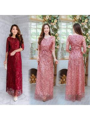 kudapy ชุดราตรียาวปักกริสเตอร์ สีชมพู/สีแดงไวน์ เดรสยาว คอวี แขน 3 ส่วน ใส่ออกงาน ลูกไม้พรีเมี่ยมทอแน่น งานสวยมากค่ะ
