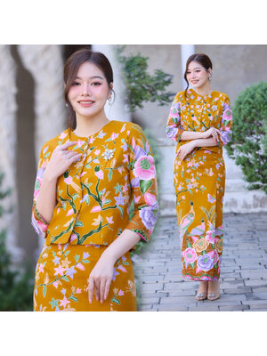 kudapyชุดเซ็ท ผ้าคอตตอนสีเหลือง พิมพ์ลายผ้าปาเต๊ะ ผ้าไม่ยืดไม่หด อัดกาวทั้งชุด