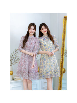 kudapy เดรสชีฟองลายดอก สวยพริ้ว ดีเทลชุดสวย มีลูกเล่นช่วงชายกระโปรง เย็บแต่งจับจีบสามเลเยอร์