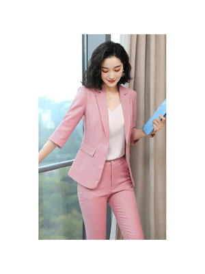 kudapy ชุดเซทเสื้อสูท + กางเกงขายาว สีชมพู ลายสก๊อตเล็กๆ ทรงสุภาพ กระดุมหน้าเม็ดเดียว