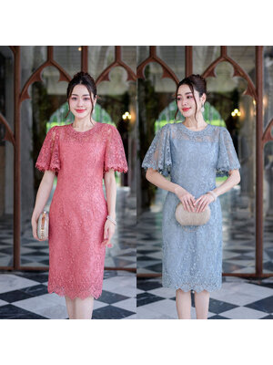 kudapy เดรสสั้นสีฟ้า/สีชมพูปูน เดรสลูกไม้เลื่อม ผ้าลูกไม้ทั้งชุดช่วงแขน มีซับในทั้งชุด งานดีพรีเมี่ยม ออกงานดูหรูหรา