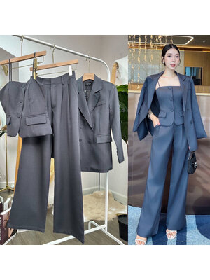 kudapy เซ็ทเสื้อสูท+กางเกง+เสื้อสายเดี่ยว เพิ่มความหรูหราด้วยการเดินด้านโชว์บริเวณขอบปกเสื้อ แต่งกระดุมจริงด้านหน้า กระเป๋าจริง มีซับในทั้งตัว