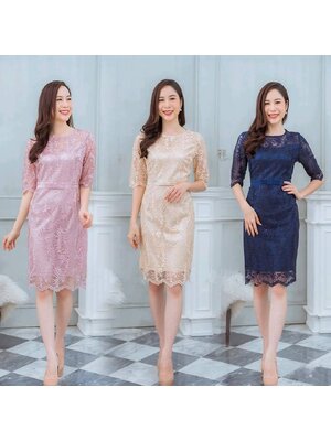 kudapy เดรสสั้นไปงานลูกไม้คอกลม สีชมพูพาสเทล/สีครีมทอง/น้ำเงินกรมท่า เดรสใส่ออกงาน แขนสามส่วน