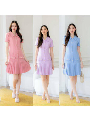 kudapy เเดรสสั้นสีชมพู/สีม่วง/สีฟ้า เดรสคอปกกระดุมมุกกระโปรงพลีท