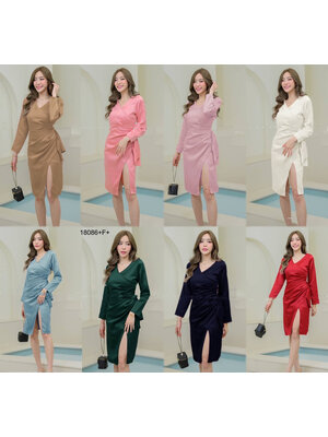 kudapy เดรสแขนยาวสีพื้น แต่งจีบ ผ่าหน้า ชุดออกงาน ชุดเพื่อนเจ้าสาว เดรสงานแต่ง ใส่ไปเที่ยวสวยดูดี