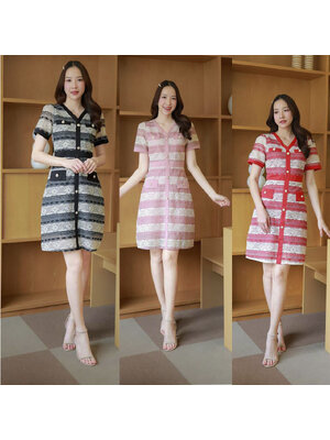 kudapy เดรสสั้นสีชมพู/สีแดง/สีดำ เสื้อลวดลายลูกไม้แต่งกระเป๋า