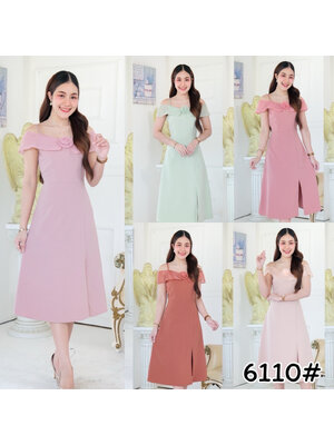 kudapy เดรสสั้นสีชมพูอ่อน,ชมพูเข้ม,ครีมนู๊ด,ชาไทย,มิ้น เปิดบ่า สายเดี่ยว พับระบายผ้าแก้วออร์เดรดี้รอบบ่า แต่งเข็มกลัดดอกไม้ออร์เกนดี้ กระโปรงบาน ผ่าหน้า