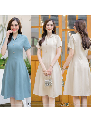 kudapy เดรสสั้นสีครีม/ฟ้าคราม ผ้าโพสลีเอสเตอร์ ดีไซด์คอปกสวยมากๆแต่งกระดุมมุกด้านหน้า มีซับใน มีชิปซ่อนหลัง